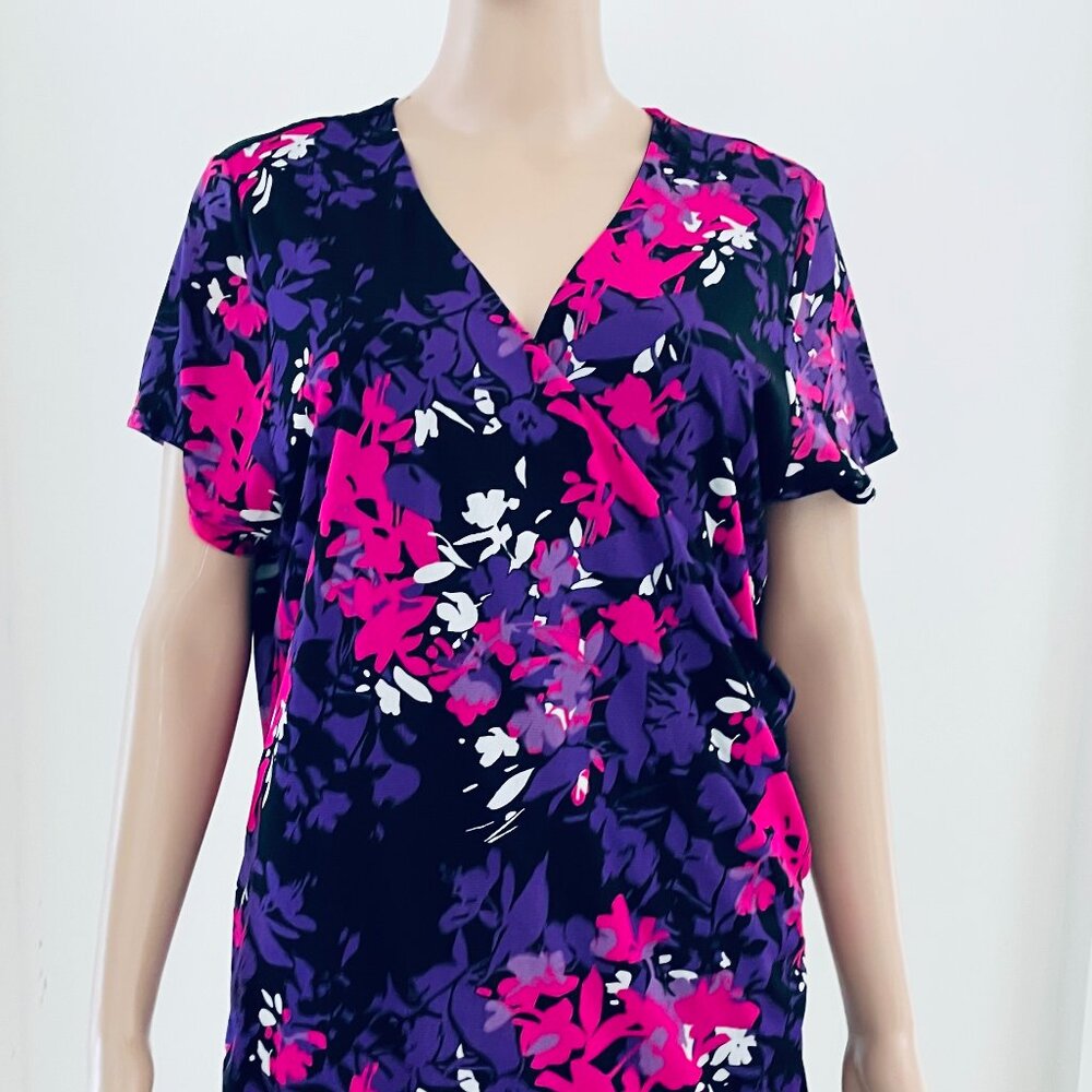 Kate Hill V Neckline Colorful Blouse Top Short Sleeve Shirt Size 1X